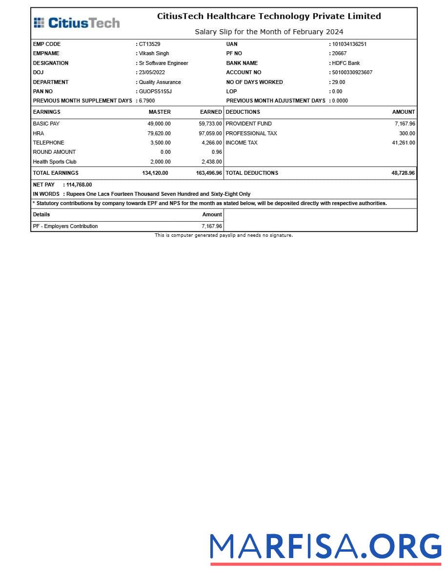 Printable CitiusTech Healthcare Technology payslip download for verification